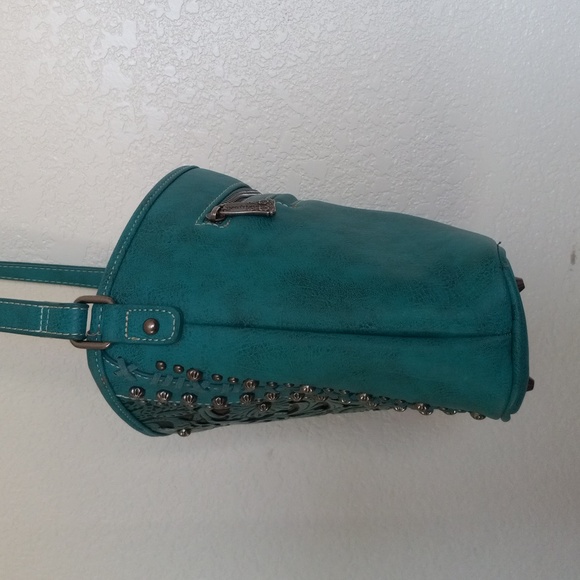 Trinity Ranch leather handbag turquoise 10x12 hand tool cut out - Picture 10 of 10
